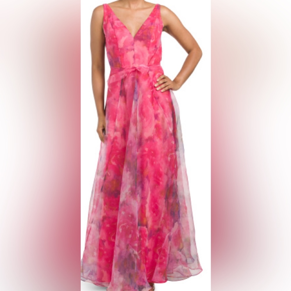 RENE BY RENE RUIZ NECK FLORAL ORGANZA PRINTED GOWN pink multi